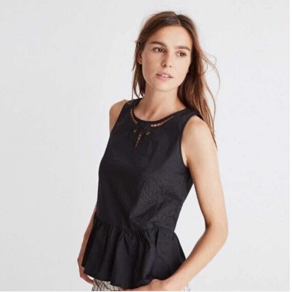 Madewell Embroidered Sleeveless Peplum Black Tank Top Small - Picture 2 of 16